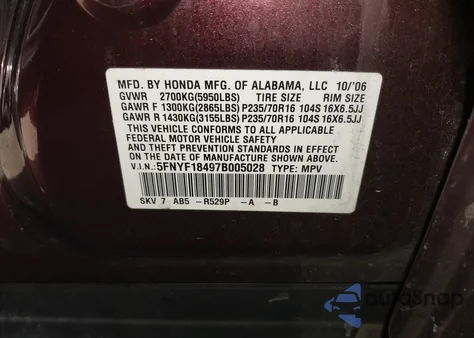 2007 Honda Pilot Ex z USA, uszkodzony, nr VIN 5FNYF18497B005028